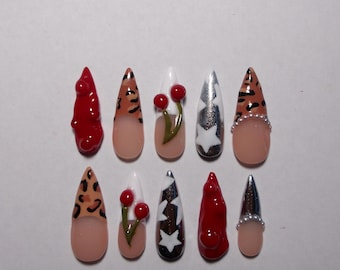 Y2K Hand Painted Red, Animal Print, Cherry, and Silver Chrome Star Nails| Red, White, Chrome, Animal Print Nail Art| Y2K Nails
