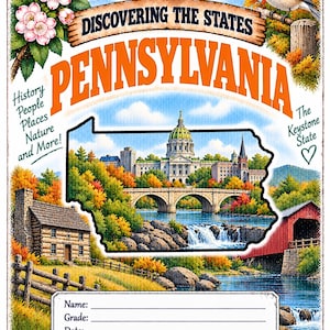 Op de afbeelding: Een rechthoekige educatieve poster getiteld Discovering the States Pennsylvania met een centrale omtrek van Pennsylvania, een capitoolgebouw, een stenen brug, een waterval, een blokhut, een rode overdekte brug en een mees.