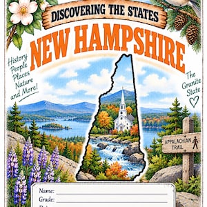 Pode incluir: Um cartaz educativo retangular intitulado The Truth Pursuit Discovering the States New Hampshire. Apresenta um contorno central de New Hampshire com uma paisagem de uma igreja branca, montanhas e um rio. Inclui texto, flores e um pássaro.
