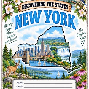 Op de afbeelding: Een rechthoekige educatieve poster met de titel Discovering the States New York. Het toont de omtrek van de staat New York met een stadsgezicht, een brug en een waterval. De poster bevat illustraties van een hert, een blauwe vogel en bloemen, met tekstvelden voor Name, Grade en Date onderaan.