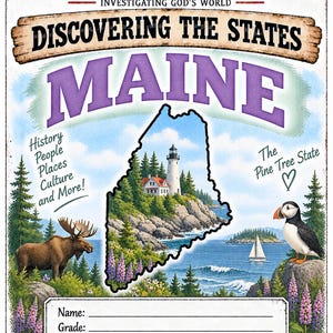 Puede incluir: Un letrero de metal rectangular titulado The Truth Pursuit Discovering The States Maine. Presenta un mapa de Maine con un faro, un alce, un frailecillo y un velero. El letrero incluye campos para Name, Grade y Date, con las palabras Explore, Learn, Discover, Grow en la parte inferior.