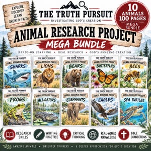 Puede incluir: El paquete Animal Research Project Mega Bundle de The Truth Pursuit incluye 100 páginas sobre 10 animales: tiburones, leones, osos, mariposas, abejas, ranas, caimanes, elefantes, águilas y tortugas marinas con actividades de investigación.