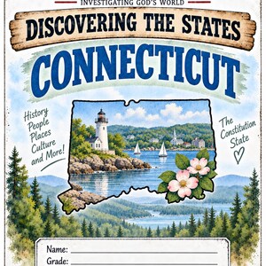 May include: A rectangular educational poster titled The Truth Pursuit Discovering The States Connecticut. It features a map of Connecticut with a lighthouse, sailboats, and flowers, plus text fields for Name, Grade, and Date at the bottom.