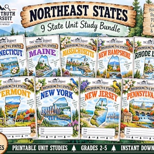 Pode incluir: Um pacote de estudo de 9 unidades intitulado Northeast States da The Truth Pursuit. A coleção inclui livretos educativos imprimíveis para Connecticut, Maine, Massachusetts, New Hampshire, Rhode Island, Vermont, Nova York, Nova Jersey e Pensilvânia, cada um com ilustrações, mapas e seções para nome, série e data.