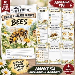 Puede incluir: Un proyecto de investigación animal de 10 páginas en PDF imprimible sobre abejas. La portada muestra una abeja grande sobre una margarita blanca, con secciones para nombre, grado y fecha. Incluye hojas de trabajo sobre hábitat, dieta, anatomía, ciclo de vida y vocabulario.