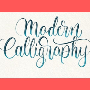 Puede incluir: Caligrafía moderna escrita en una fuente de degradado azul y negro sobre un fondo blanco con un borde rojo.