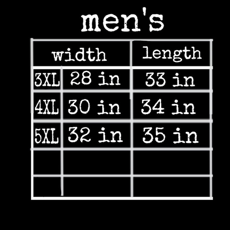 May include: A size chart for men's clothing showing width and length measurements in inches for sizes 3XL, 4XL, and 5XL.
