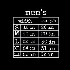 May include: Size chart for clothing with measurements in inches. The chart shows the width and length of sizes S, M, L, XL, and XXL.