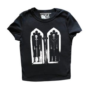 skeleton coffin cropped baby tee