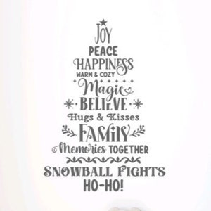 May include: A grey Christmas tree-shaped wall decal with the words "Joy, Peace, Happiness, Warm & Cozy, Magic, Believe, Hugs & Kisses, Family, Memories Together, Snowball Fights, Ho-Ho!" The decal is on a white wall with a light blue bookshelf and a stuffed teddy bear in the foreground.