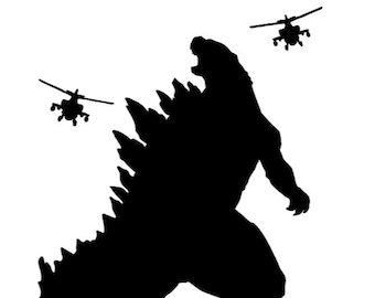 Godzilla Attacks Vinyl Decal , Helicopters Buzz Godzilla, Iron-on,   Multi Colours Kaiju Car, Truck, Window, Wall, Laptop or clothing