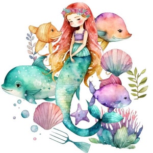 Autocollants aquarelle imperméables/UV La sirène sous la mer : brillant, mat, transparent. Multicolores uniques pour tasses, lunettes, fenêtre, mur d'ordinateur portable !