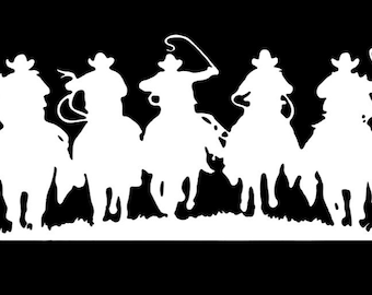 Five Cowboys Riding Vinyl Decal, OR Ironon Round-up,  Ranch , Cowboys Riding, Yellow,  Horses, for Truck, Trailer, Wall, Window or wherever!