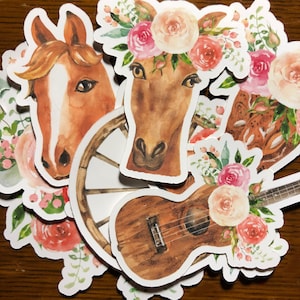 Paardstickers: waterdichte uv-stickers glanzend/mat vinyl, aquarel, bloemen, landelijke laptop, gameconsole-auto, raam waar dan ook!