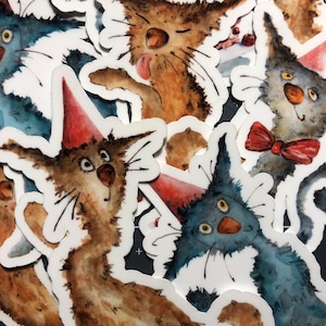 Verjaardag kattenstickers - aquarel - weerbestendige of waterdichte UV-glans/matte vinylstickers voor planners, laptop, console-autoruit enz