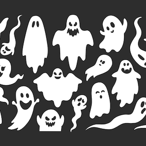 May include: A collection of white ghost illustrations in various poses, including flying, floating, and smiling. The ghosts are all outlined in black against a dark background.