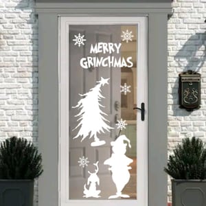 Grinch, Merry Grinchmas Vinyl w Grinch, Tree, Max, Snowflakes Set , Large Vinyl Decal Set, Remov/Perm, Cling, Wall, Window Door , Car etc