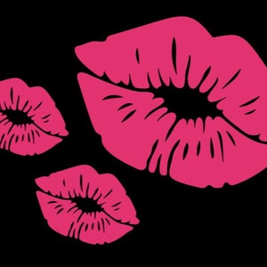 May include: Three pink lip prints of varying sizes are displayed against a black background. The lips are a vibrant shade of pink, with detailed lines indicating the lip texture. The arrangement creates a playful and bold design.
