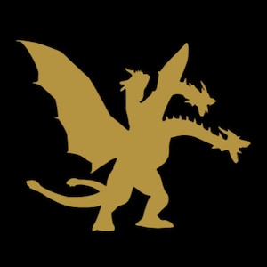 Peut inclure: Une silhouette dorée d'un dragon à trois têtes avec des ailes déployées. Le dragon se tient debout sur ses pattes arrière, la queue enroulée derrière lui.