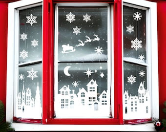 Christmas Villages 3 Scenes Vinyl/Cling,Santa Sleigh Star Moon, Snowflakes Vinyl Village Scenes & Santa Remove/permanent Walls Windows Doors