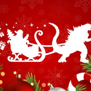 Godzilla Flying Santa's Sleigh - Vinyl Decal,  Removable Vinyl, ironon,cling for Window, Doors, Walls, Frame, Car etc