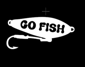 May include: White fishing lure graphic with the words "GO FISH" in bold letters. The lure has a hook and is set against a black background. This design is perfect for fishing enthusiasts.