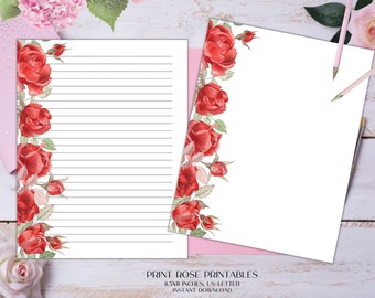 Rosarie Floral Printable Stationery 8.5x11 Inches US Letter/Printable Stationary/Line Paper/Printable Paper/Writing Paper/Journal Paper