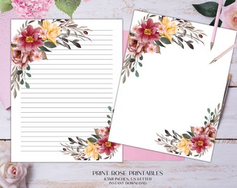 Francine Floral Printable Stationery 8.5x11 Inches US Letter/Printable Stationary/Line Paper/Printable Paper/Writing Paper/Journal Paper