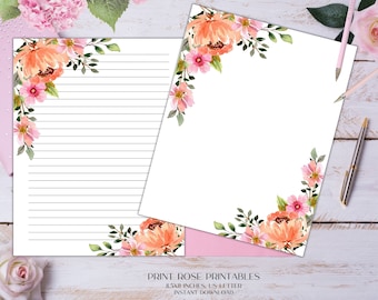 Pamela Floral Printable Stationery 8.5x11 Inches US Letter/Printable Stationary/Line Paper/Printable Paper/Writing Paper/Journal Paper