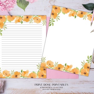 Poppy Floral Printable Stationery 8.5x11 Inches US Letter/Printable Stationary/Line Paper/Printable Paper/Writing Paper/Journal Paper