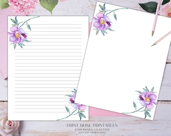 Aurelia Floral Printable Stationery 8.5x11 Inches US Letter/Printable Stationary/Lined Paper/Printable Paper/Writing Paper/Journal Paper