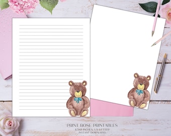 Teddy Cutie Printable Stationery 8.5x11 Inches US Letter/Printable Stationary/Line Paper/Printable Paper/Writing Paper/Journal Paper
