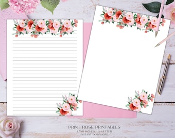 Papelería imprimible floral de jardín rosa 8.5x11 pulgadas Carta de EE. UU./Papel estacionario imprimible/Papel rayado/Papel imprimible/Papel de escritura/Papel de diario