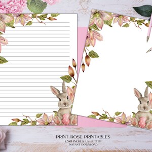 May include: Printable stationery featuring a pink floral border with a bunny holding an Easter egg. The paper is lined and measures 8.5x11 inches. The text "PRINT ROSE PRINTABLES 8.5x11 INCHES, US LETTER INSTANT DOWNLOAD" is at the bottom of the page.