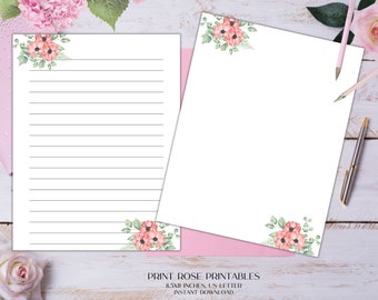 Lucille Floral Papelería imprimible 8.5x11 pulgadas Carta de EE. UU./Papel estacionario imprimible/Papel rayado/Papel imprimible/Papel de escritura/Papel de diario