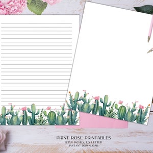 Papelería imprimible floral de cactus 8.5x11 pulgadas Carta de EE. UU./Papelería imprimible/Papel de línea/Papel imprimible/Papel de escritura/Papel de diario