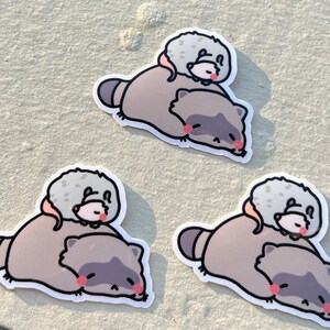 May include: Three stickers featuring a cartoon raccoon and a small gray animal. The raccoon is lying on its side with its eyes closed and the small animal is on top of the raccoon. The stickers are on a light gray surface.
