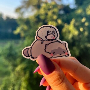 May include: A sticker featuring a cartoon raccoon with a smaller cartoon animal on its back. The raccoon is gray with black eyes and a pink nose. The smaller animal is white with black eyes and a pink nose. The sticker is on a person's hand.