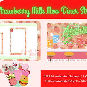 Strawberry Milk Moo Diner Twitch Stream Pack - Overlays, Panels, and Alerts (Animated and Static)