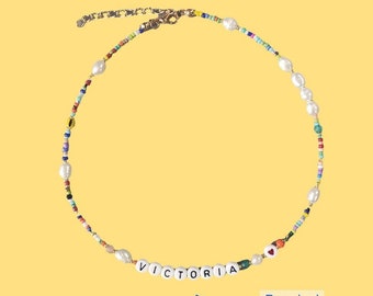 Y2K Beaded Necklace | Custom Name & Monogram 90s Friendship Choker - Handmade Colorful Pearl | Daughter Girlfriend Mom Graduation Birthday