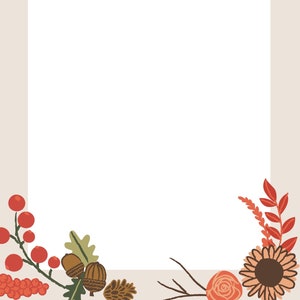 May include: A white frame with a beige background. The frame is decorated with fall-themed elements, including red berries, acorns, pine cones, leaves, and a sunflower.