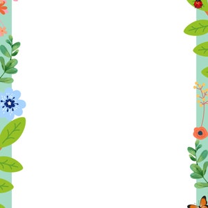 May include: A white background with a green border decorated with flowers, butterflies, a ladybug, a sun, and leaves. There is a tree stump and a rabbit in the bottom center of the image.