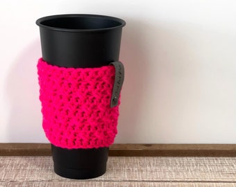 Hot Pink Crochet Coffee Cozy, Reusable Grande Medium Coffee Cup Sleeve, Neutral Teacher Appreciation Gift Christmas, Hot and Iced Coffee