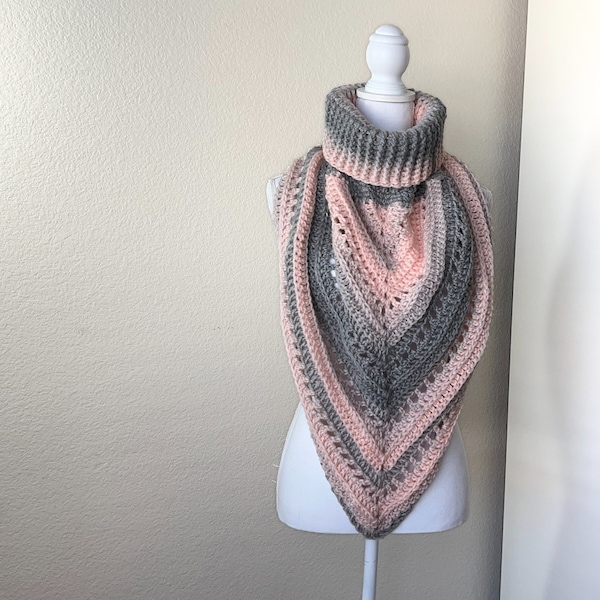 Pink and Gray Crochet Cowl Triangle Scarf, Wool Shawl, Winter Neckwarmer, Wild Oleander Hooded Scarf