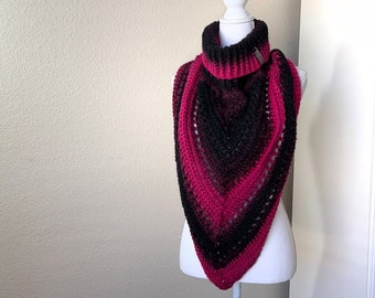 Black and Hot Pink Crochet Cowl Triangle Scarf, Wool Shawl, Winter Neckwarmer, Wild Oleander Hooded Scarf