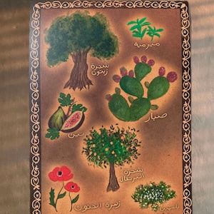 May include: A brown background with a decorative border.  The image features illustrations of different trees and plants with their Arabic names.  The trees and plants include a fig tree, a prickly pear cactus, an orange tree, a pomegranate tree, a date palm, and a tree with white flowers.  The text at the bottom of the image reads "Palestine @fedaiyya".