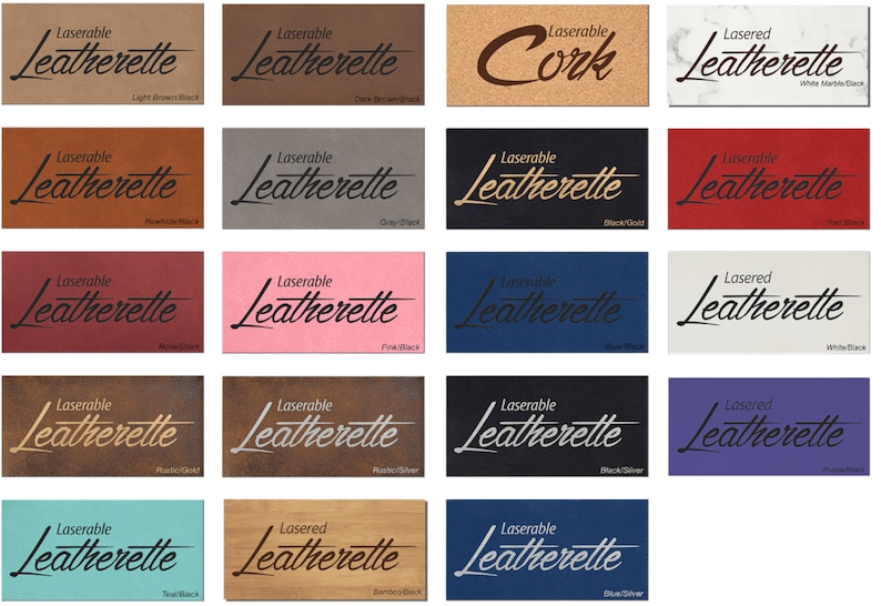 May include: A collage of 16 different color and material samples for laser engraving. The samples include leatherette, cork, and wood. Each sample has the text "Laserable Leatherette" or "Lasered Leatherette" printed on it.