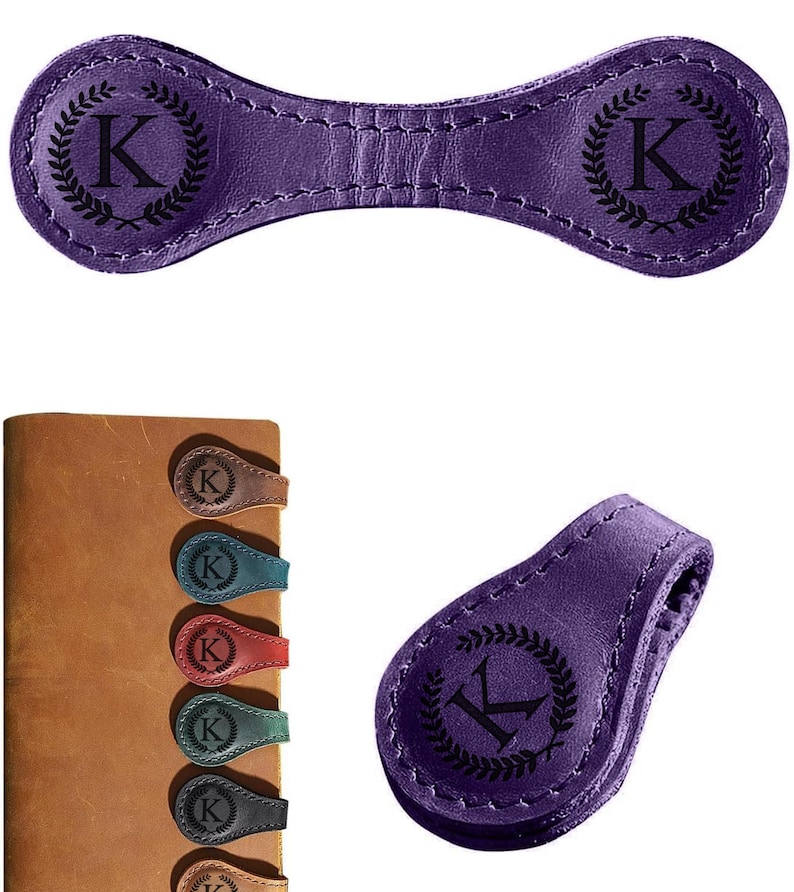 Magnetiskt bokmärke i läder, personligt läderbokmärke, initialer i läderbokmärke, handgjort, läsarpresent, present till honom, present till henne bild 10