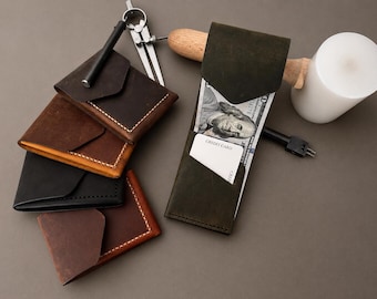 Leder Geldbörse, personalisierte minimalistische Leder Klappe Brieftasche für Männer, schmale Vordertasche Brieftasche, Geschenk für Vater, Ehemann, Freund, Vater