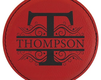 Personalized Coasters | Set of 6 with holder | Custom Leather Coaster set | Engraved 3rd Anniversary gift | housewarming gift | leather set